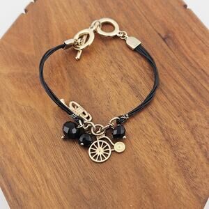 Black Braided Cord Bracelet Toggle Bracelet Gold Tone Bicycle & Trumpet Charms